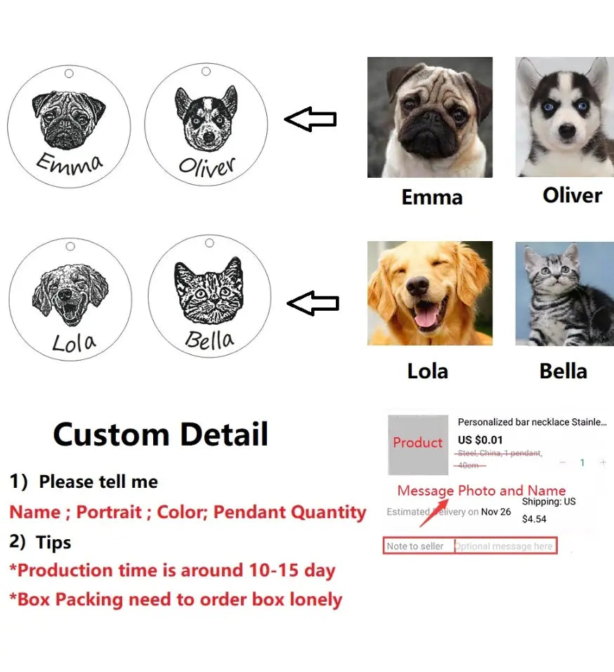 Custom dog memorial necklace details showing personalized engraving options with pet name and portrait – Dog Memorial Gifts