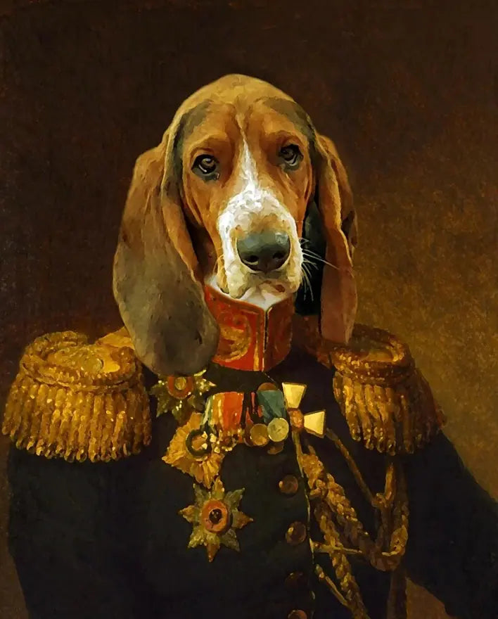 Custom Pet Portrait of a dog in royal attire, showcasing a personalized pet artwork. Ideal for pet lovers seeking a unique and regal pet portrait.