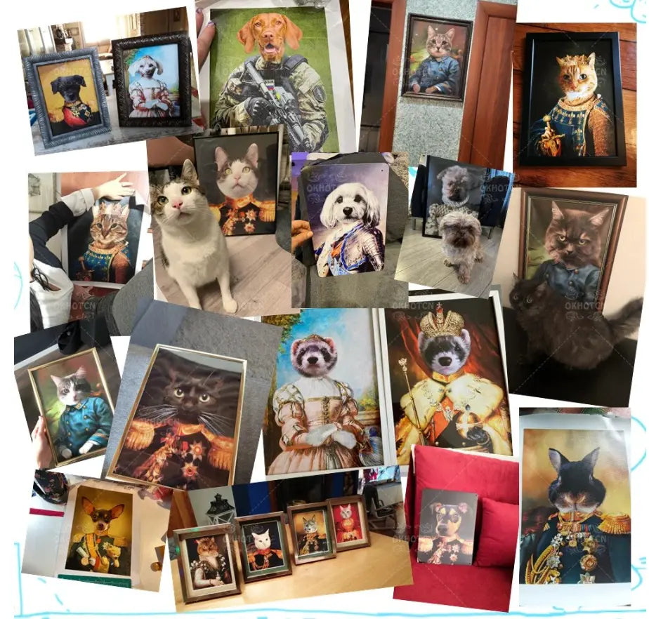 Custom Pet Portrait collection - Multiple personalized pet photos turned into royal and military-themed portraits for Custom Pet Pillows. Examples include cats, dogs, and other pets dressed in regal and historical outfits.