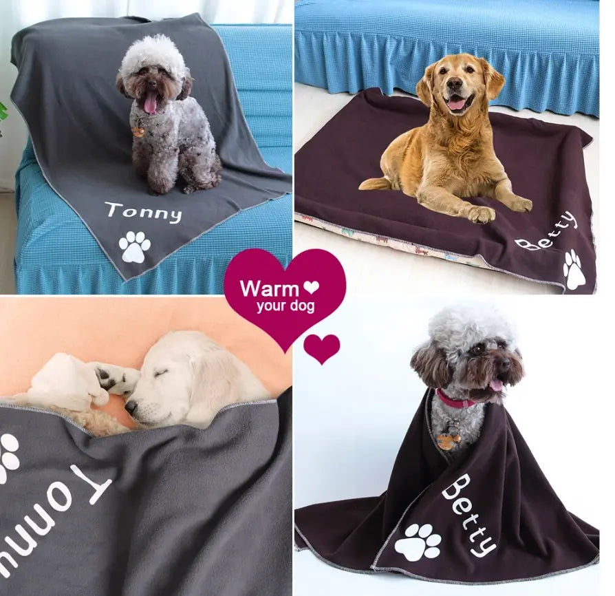 Collage of personalized dog blankets featuring pets like a poodle on a gray 'Tonny' blanket and a golden retriever on a brown 'Betty' blanket. The image also shows a pair of puppies sleeping under a gray blanket and a poodle wrapped in a brown blanket with the text 'Warm your dog' in a heart graphic.