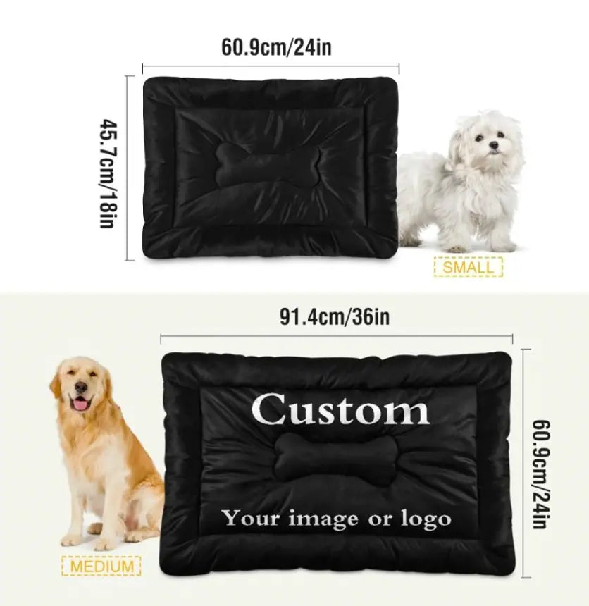 Personalized dog bed in small and medium sizes, featuring custom image or logo option. Shown with size comparisons to small and medium-sized dogs.