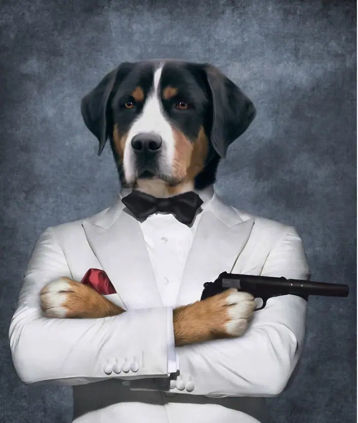 Custom royal pet portrait of a dog in a sleek white tuxedo with a bow tie, holding a gun in a James Bond-style pose. Personalized regal pet artwork perfect for showcasing your pet with a unique, sophisticated look, ideal for gifts or home décor.