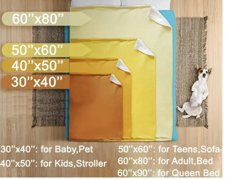 Size options for custom pet blankets displayed in various dimensions from 30x40 inches for baby or pet to 60x90 inches for queen bed, showcasing versatility for all uses.