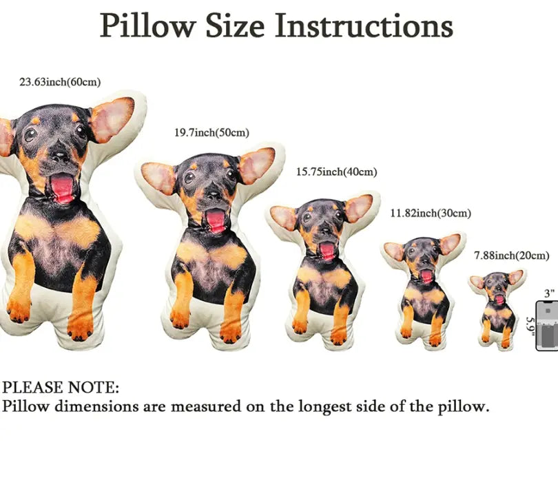 Personalized dog pillow size instructions featuring a range of sizes from 23.63 inches to 7.88 inches, displaying various pillow dimensions for custom dog-shaped pillows.