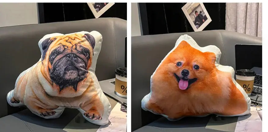 Custom dog pillows featuring a realistic bulldog and a fluffy Pomeranian design, perfect for personalized pet pillow gifts. Unique custom dog pillows on a couch.