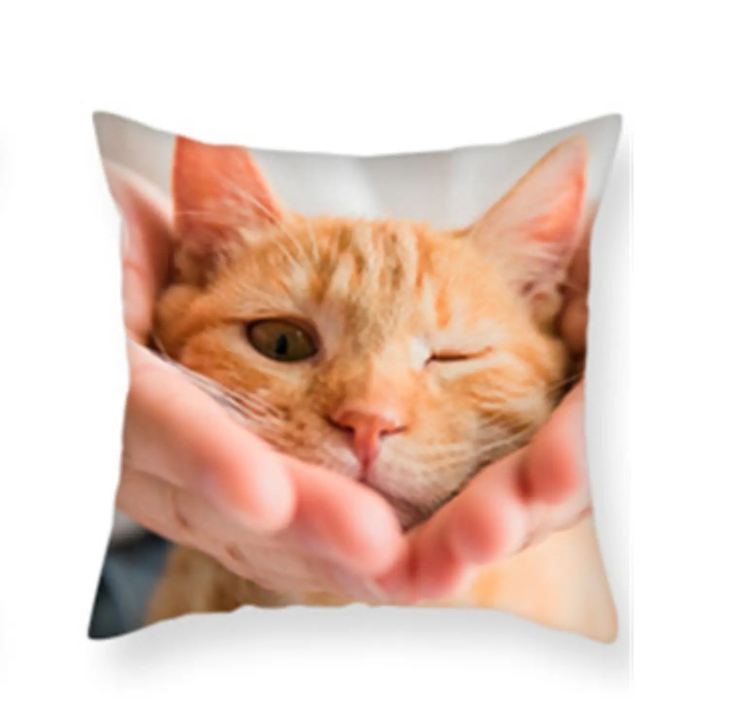 Custom Square Photo Pillow featuring a close-up of an orange tabby cat winking while being gently cradled in a person's hands.