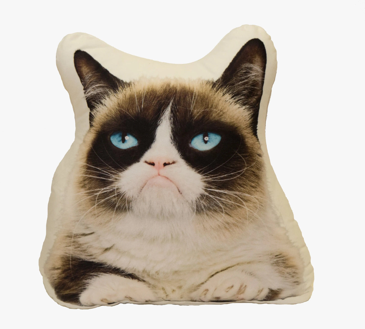 Custom Cat Memorial Gifts Pillow featuring a lifelike print of a grumpy-faced cat with striking blue eyes – the perfect personalized keepsake for cat lovers.