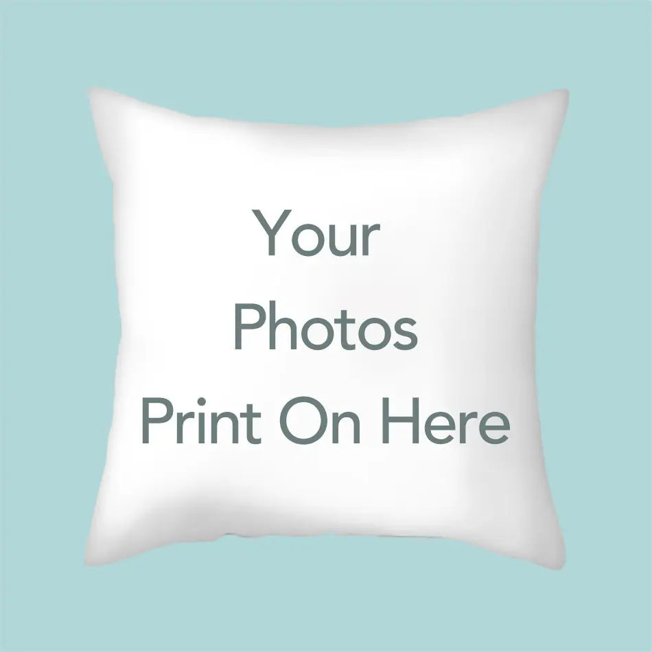 Custom Square Photo Pillow template showcasing a blank white pillow with 'Your Photos Print On Here' text on a light blue background.