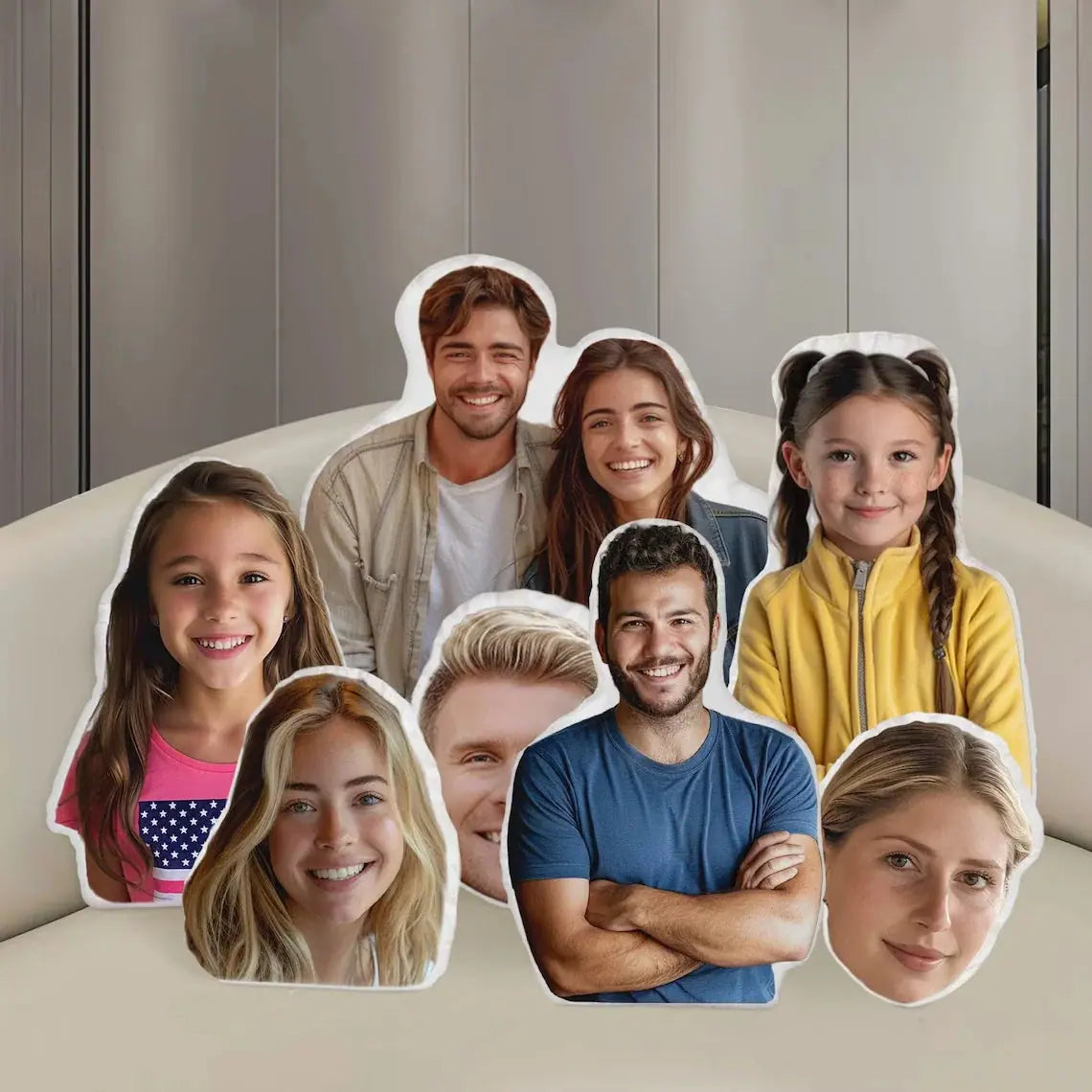 Custom Photo Pillow - A collection of personalized face pillows featuring different individuals, showcasing unique and creative gifts for family and friends.