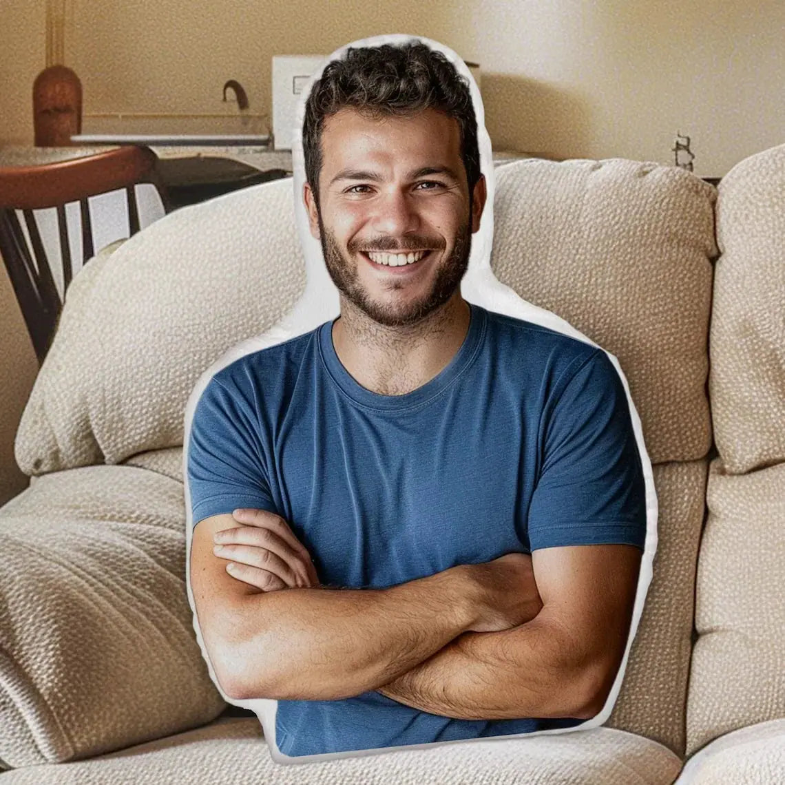 Custom Photo Pillow - Personalized face pillow featuring a smiling man in a blue shirt, a unique custom gift for home decor or special occasions.