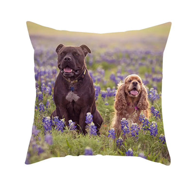 Custom Square Photo Pillow featuring two dogs, a black pit bull and a brown cocker spaniel, sitting in a field of purple flowers.