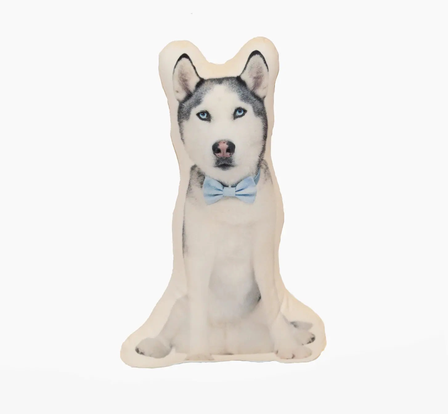 Custom Dog Pillow featuring a Husky in a blue bow tie. A personalized pet pillow designed to capture your pet's unique features. Ideal for dog lovers looking for custom pet decor or thoughtful gifts.