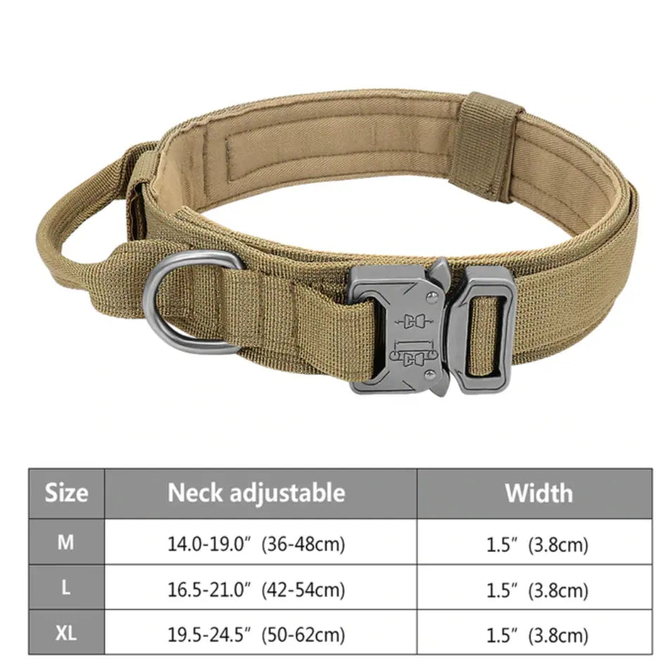 Heavy-duty personalized dog collar in tan color with adjustable neck sizes and durable metal buckle, available in medium, large, and extra-large sizes for secure and comfortable fit.