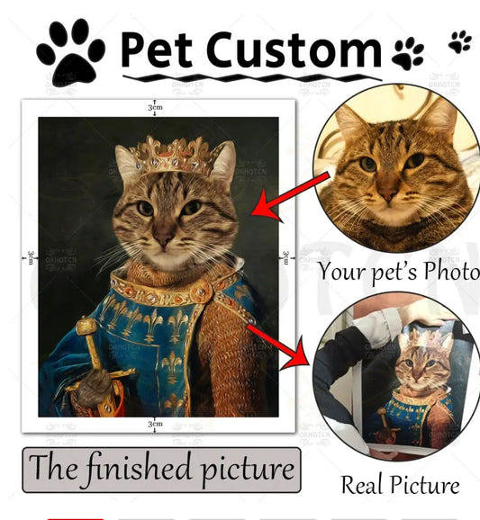 Custom Pet Portrait - Personalized pet photo transformed into a royal portrait for Custom Pet Pillows. Example of a cat dressed as royalty.