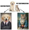 Custom dog portrait painting in a suit, showcasing personalized pet artwork with a Golden Retriever in formal attire. Pet customization services for unique wall art, ideal for custom prints on canvas.