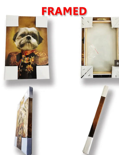 Framed custom dog portrait painting of a Shih Tzu dressed in a military uniform. Showcasing high-quality framed canvas prints for personalized pet artwork, highlighting both front and back views for custom dog portraits.