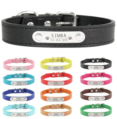 Custom Cat Collar in various colors with engraved metal nameplate for personalized pet identification. Available in black, pink, yellow, blue, red, orange, brown, and green.