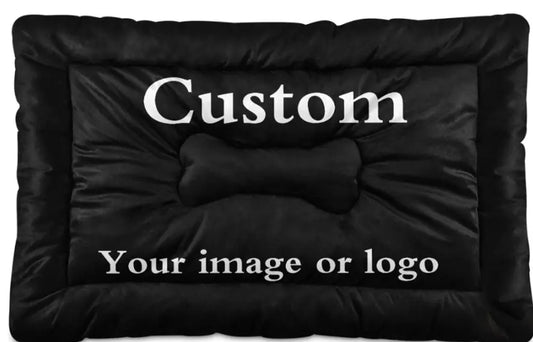 Black personalized dog bed with custom image or logo, featuring a bone-shaped cushion. Ideal for pet comfort and personalization.