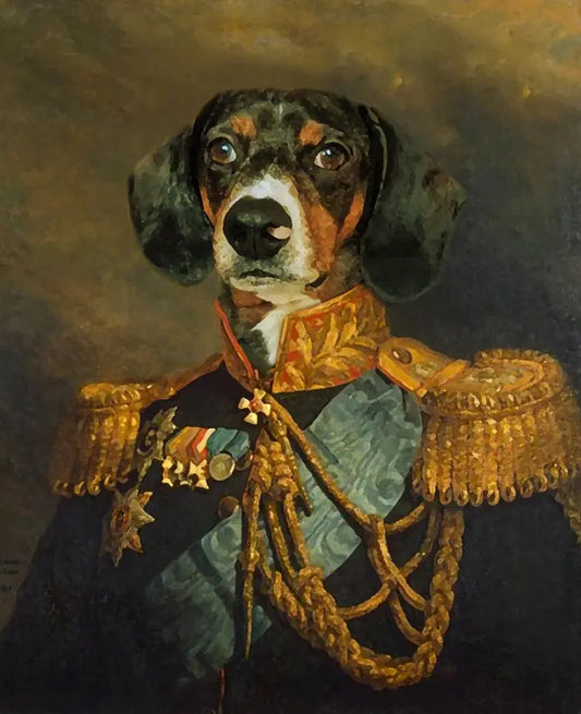 Royal pet portrait of a dog dressed in a regal military uniform, featuring intricate golden details and medals. Custom pet portrait designed to give pets a majestic, noble look. Perfect for pet owners seeking a unique and personalized royal pet artwork.