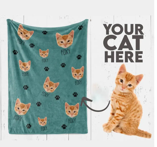 Custom Pet Blanket featuring personalized cat design with paw prints and name. Perfect for pet lovers to add their cat's image to a cozy blanket.