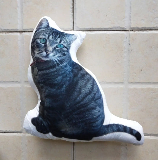 Custom Cat Pillow Memorial Gift featuring a lifelike photo of a gray tabby cat with green eyes, perfect for cat lovers and personalized pet remembrance gifts.