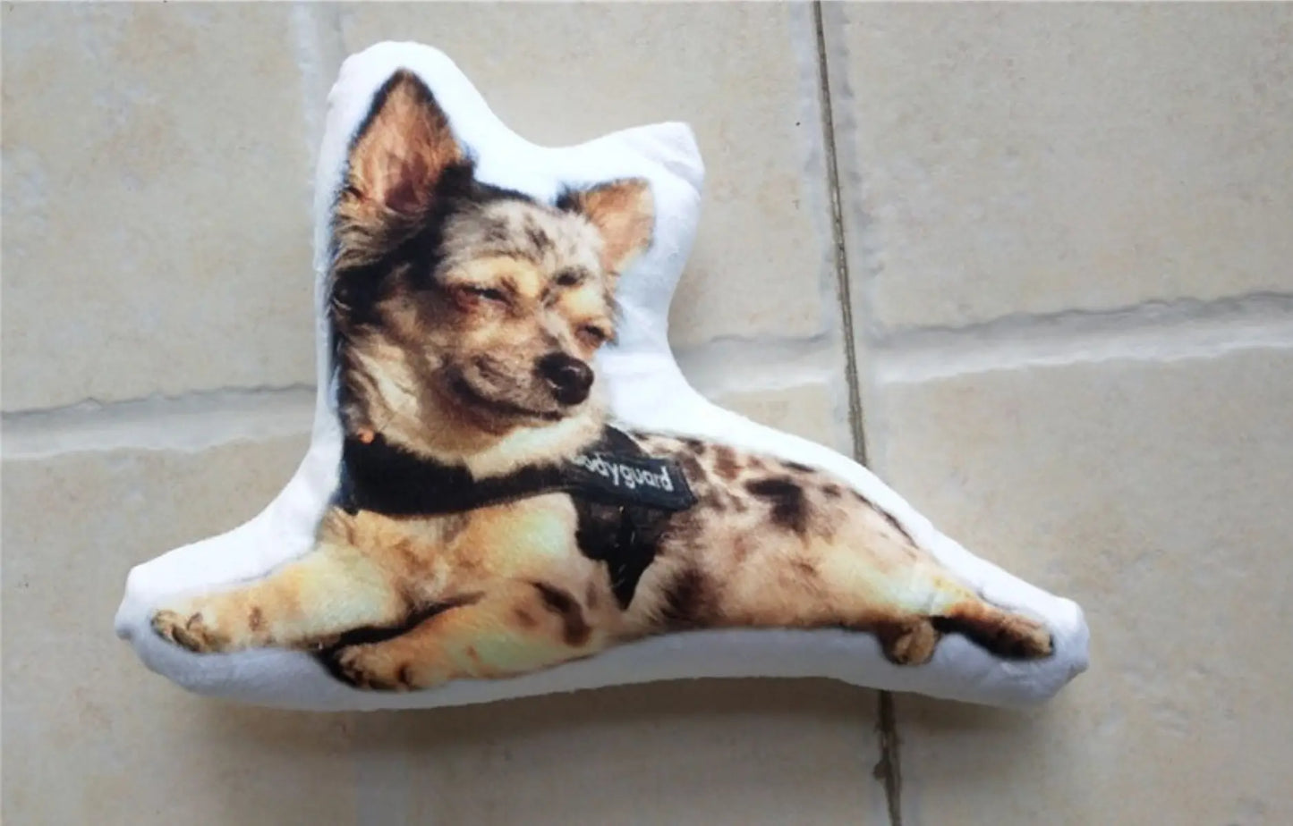 Custom Dog Pillow featuring a small, relaxed Chihuahua mix wearing a harness, designed for pet owners looking to create a unique and personalized keepsake.