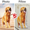 Photo vs. Custom Dog Pillow comparison featuring a Golden Retriever. A side-by-side view showing the lifelike detail of a personalized pet pillow, perfect for custom pet decor or gifting.