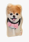 Custom Dog Pillow of an adorable Pomeranian in a tuxedo and pink bow tie, showcasing the lifelike personalization for pet lovers who want a unique keepsake.